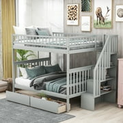 Euroco Full over Full Bunk Bed with Storage Shelves and 2 Under Storage Drawers for Kids Teens Room, Gray