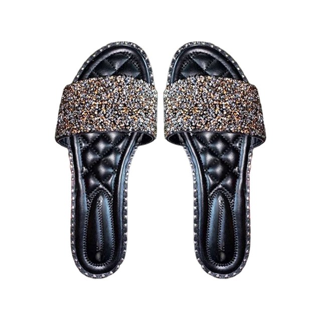 Crystal Slides for Women Flat Open Toe Rhinestone Sandals Slip On Sparkle Beach Slippers US Size 4.5-11.5