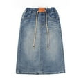 thumbnail image 2 of LYMAYTER ‌‌Teens Girls Long Maxi Denim Skirt Trendy A Line Pull Elastic Waist Drawstring Stretchy Pockets, 2 of 8