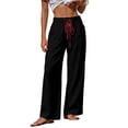 thumbnail image 2 of Women's Casual Mid Waist Wide Leg Pants, Elastic Drawstring Waist Loose Casual Trousers Solid Color with Pockets for Summer Beach | TruBelle,Black L, 2 of 6