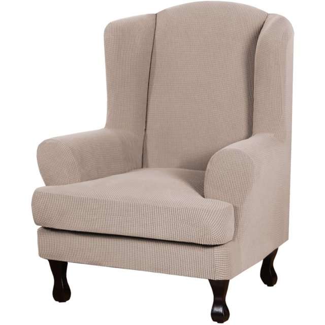 2 Piece Super Stretch Stylish Furniture Cover/Wingback Chair Cover Slipcover Spandex Jacquard Checked Pattern, Super Soft Slipcover Machine Washable/Skid Resistance (Wing Chair, Sand)