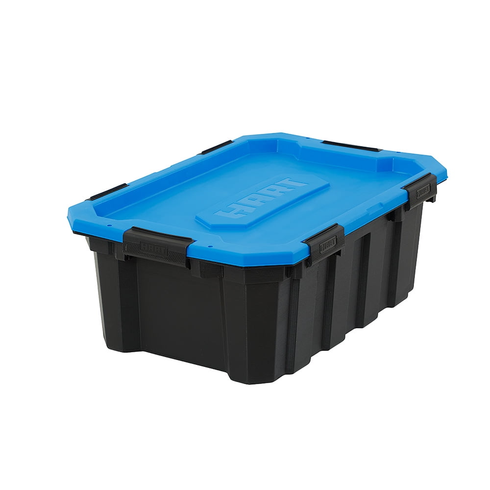 HART - 18 Gallon Heavy Duty Weatherproof Plastic Storage Bins, Black with Blue Lid