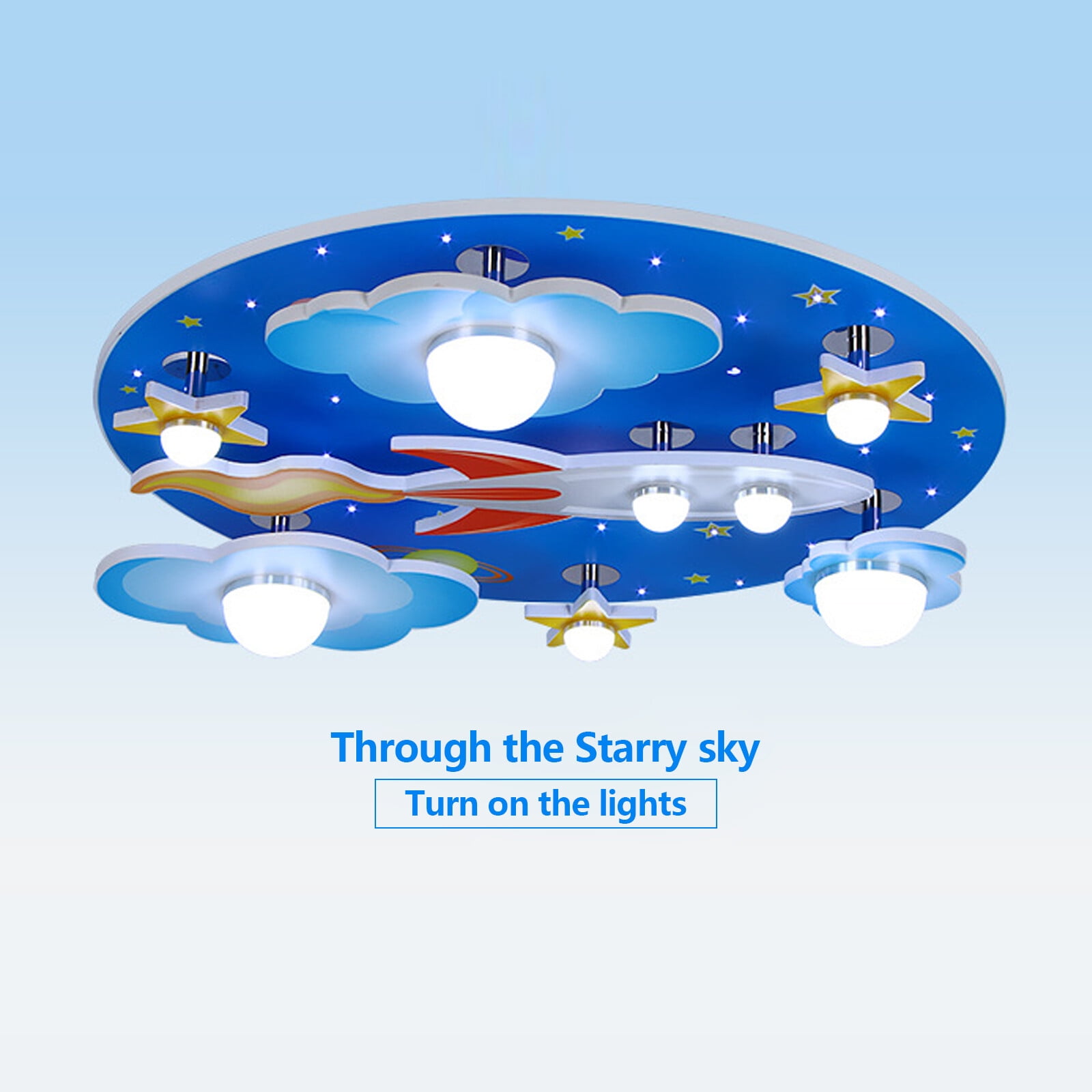 Modern Cartoon Adjustable Light Blue Star Rocket LED Ceiling Light Flush Mount Bedroom Room Lamp Fixture