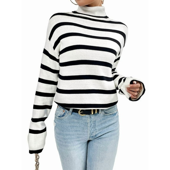 Women'S Casual Autumn Winter Long Sleeve Color Block Striped Knit Pullover Cozy Sweater White  XXL