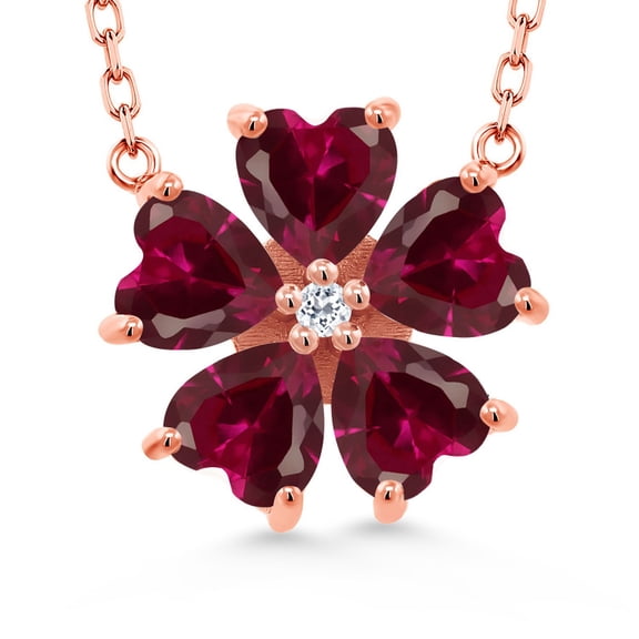 Gem Stone King 18K Rose Gold Plated Silver Red Created Ruby and White Topaz Pendant Necklace for Women (4.85 Cttw, Heart Shape 6MM, with 18 inch Chain)