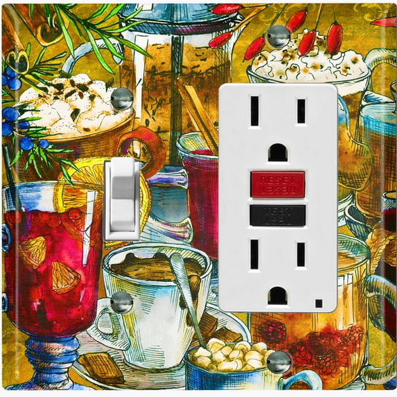 Metal Light Switch Wall Plate Outlet Cover (Coffee Tea Party Kettle Mocha Espresso Fruit Drinks - Single Toggle Single Rocker)