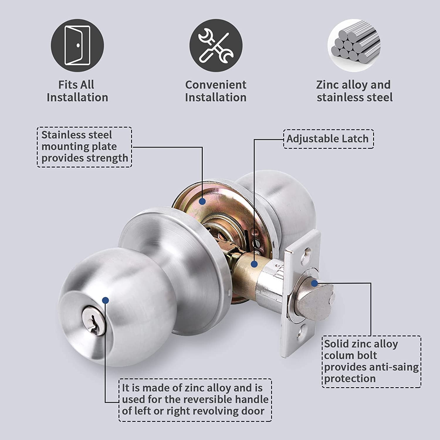 YIHATA 5 Pack Keyed Alike Doorknobs, Entry Doorknob Lock with Keys, Round Ball Door Knobs for Front Door, Exterier and Interier Doors, Satin Nickel Finish