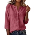 thumbnail image 2 of Only Moment Button Down Shirts for Women 3/4 Sleeve V Neck Linen Casual Loose Long Sleeve Solid Lapel Long Blouses Tops with Pockets Hot Pink,S, 2 of 7