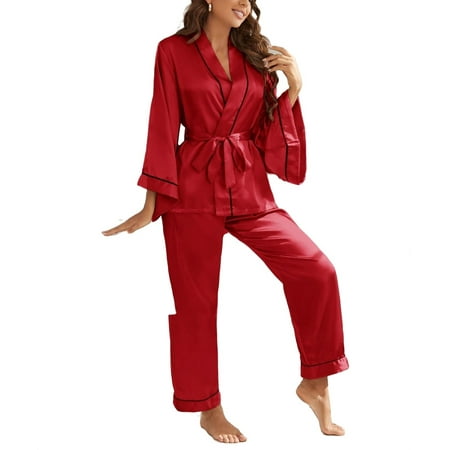 

V neck Elegant Striped Pant Sets Red Long Sleeve Women Pajama Sets