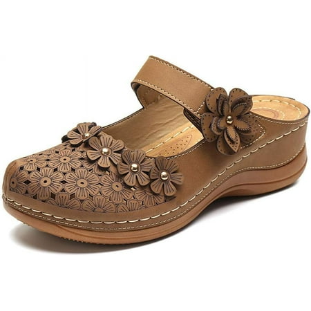 

Womens Slippers Sandals Summer Hole Shoes Vintage Wedges Floral Slides Sandals Ladies Flats Shoes Soft Casual Slip on Loafer Brown 45