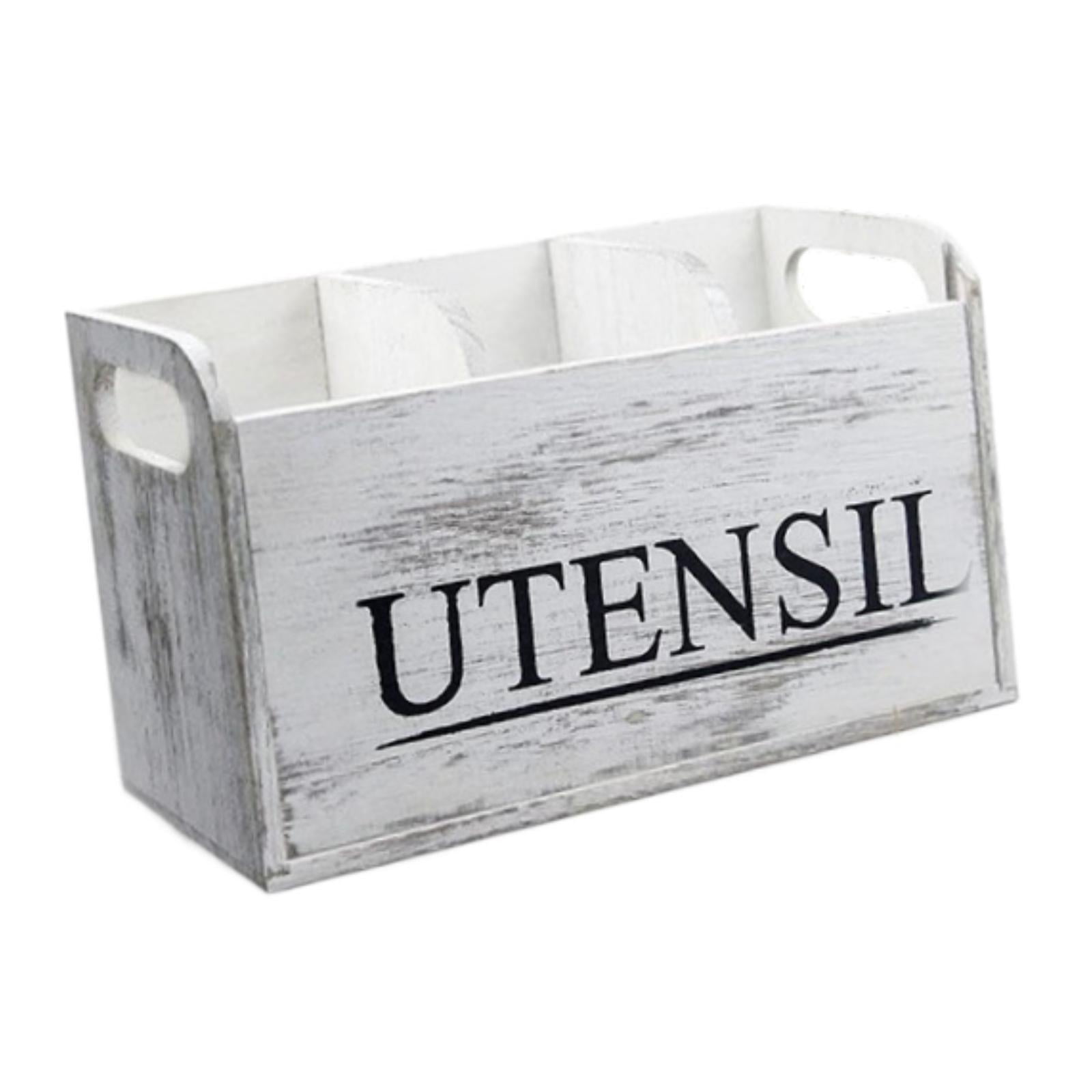 Fiocias White Wooden Utensil Holder with 3 Compartments Cutlery Holder Utensil Organizer