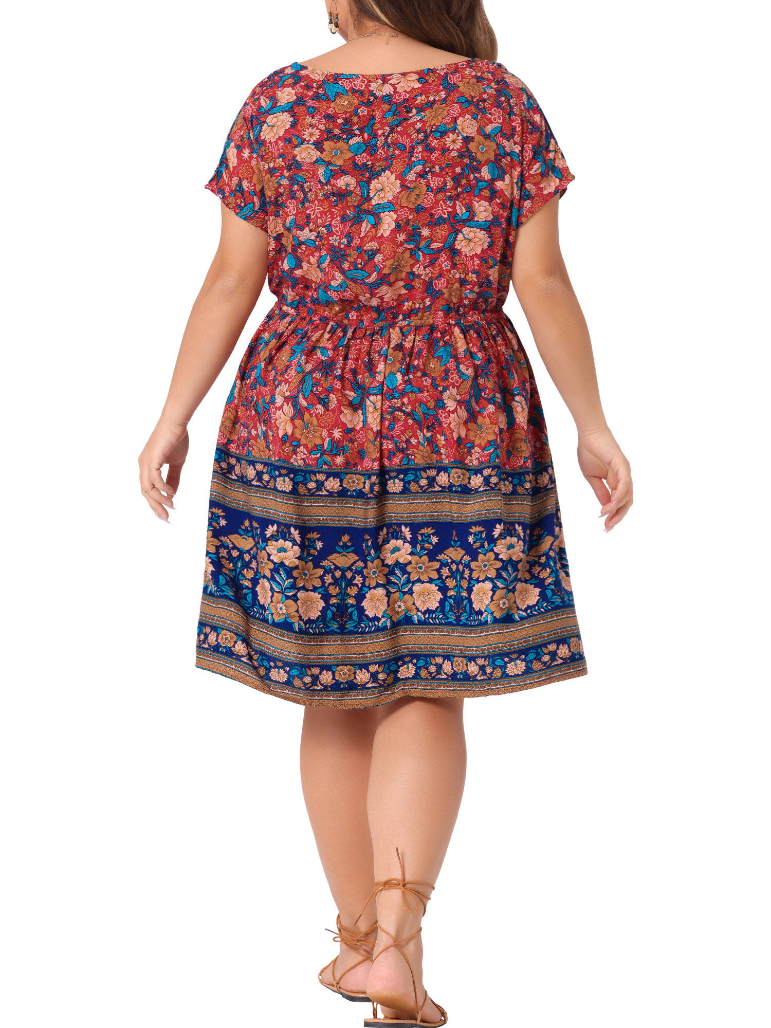 DARING DIVA Women's Plus Size V Neck Drawstring Waist Floral Dress 4X Royal Blue