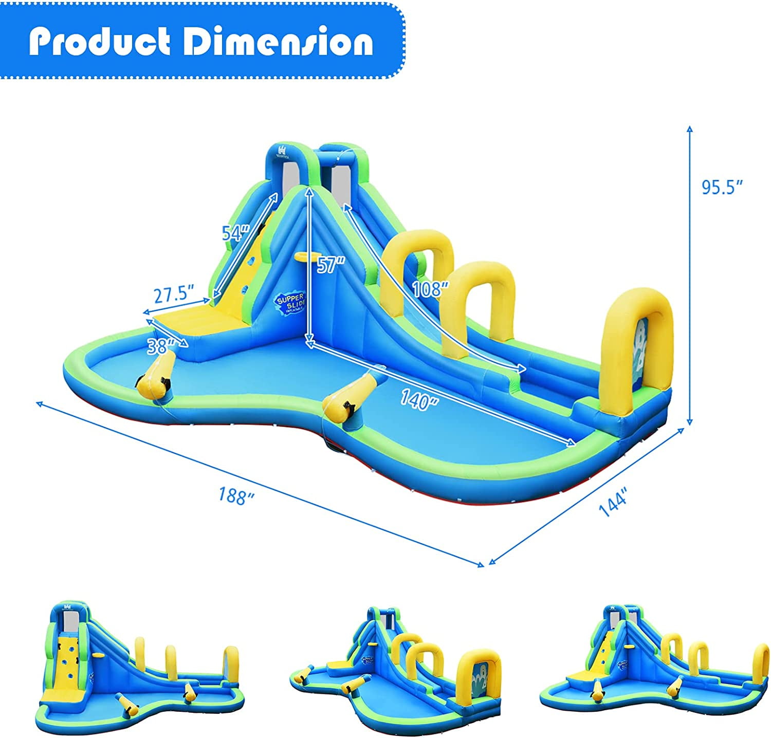OLAKIDS Inflatable Water Slide, Bouncing House with Slide, Climbing Wall, Splash Pool, Basketball Rim, 2 Water Blasters, Jumping Castle, Accessories with Carrying Bag, Repairing Kit, Hose