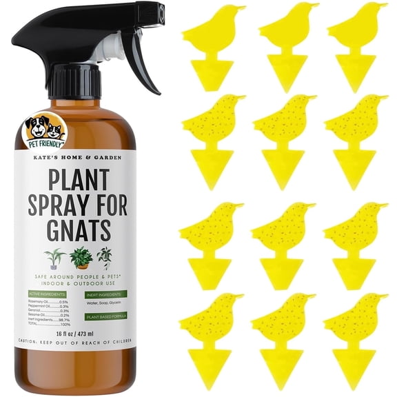 Kate's Home & Garden Plant Insect Spray for Indoor Plants, 16oz, Peppermint Formula, Pet Safe, Non-Toxic, Includes 12 Sticky Traps for Fungus Gnats & Other Insects