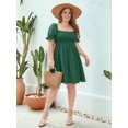 thumbnail image 6 of Plus Size Women Casual Dress Square Neck Puff Sleeve Smocked Waist Flowy Short Dress for Vacation Green XXXL, 6 of 8