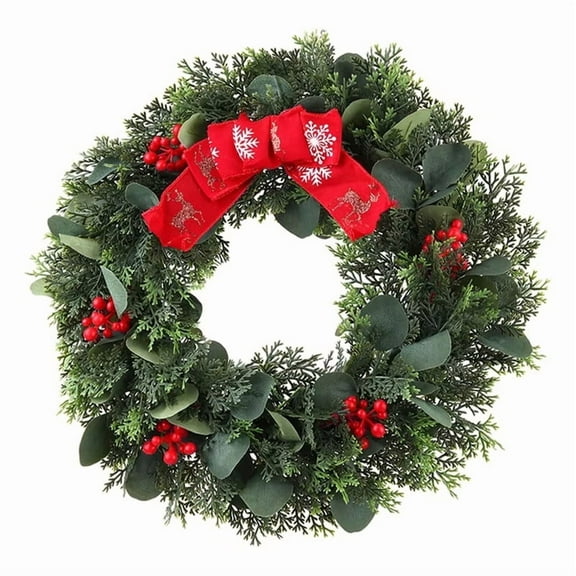 YUSS Artificial Christmas Wreaths Holiday Accent Decoration for Door,Pine Wreath with Red Berries and Red Bow,17.7IN Winter Greenery Pine Cedar Wreaths for Wall Window, Indoor Outdoor Decor Wreath