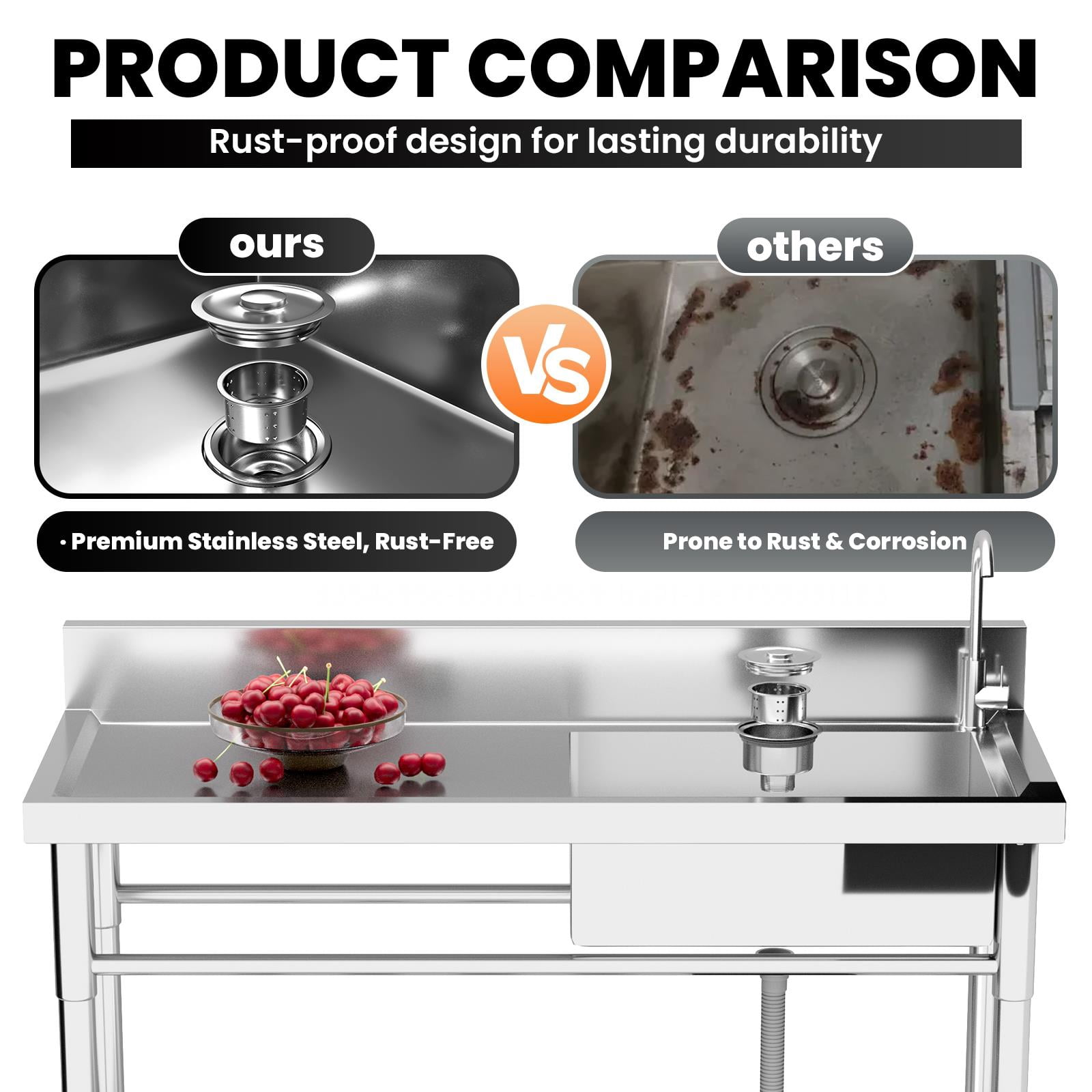 47In Stainless Steel Utility Sink,Free Standing Utility Sink With Faucet And Drawer Storage,1.2mm Thick 201 Stainless Steel,Stainless Steel Commercial Sink For Indoor Or Outdoor Use