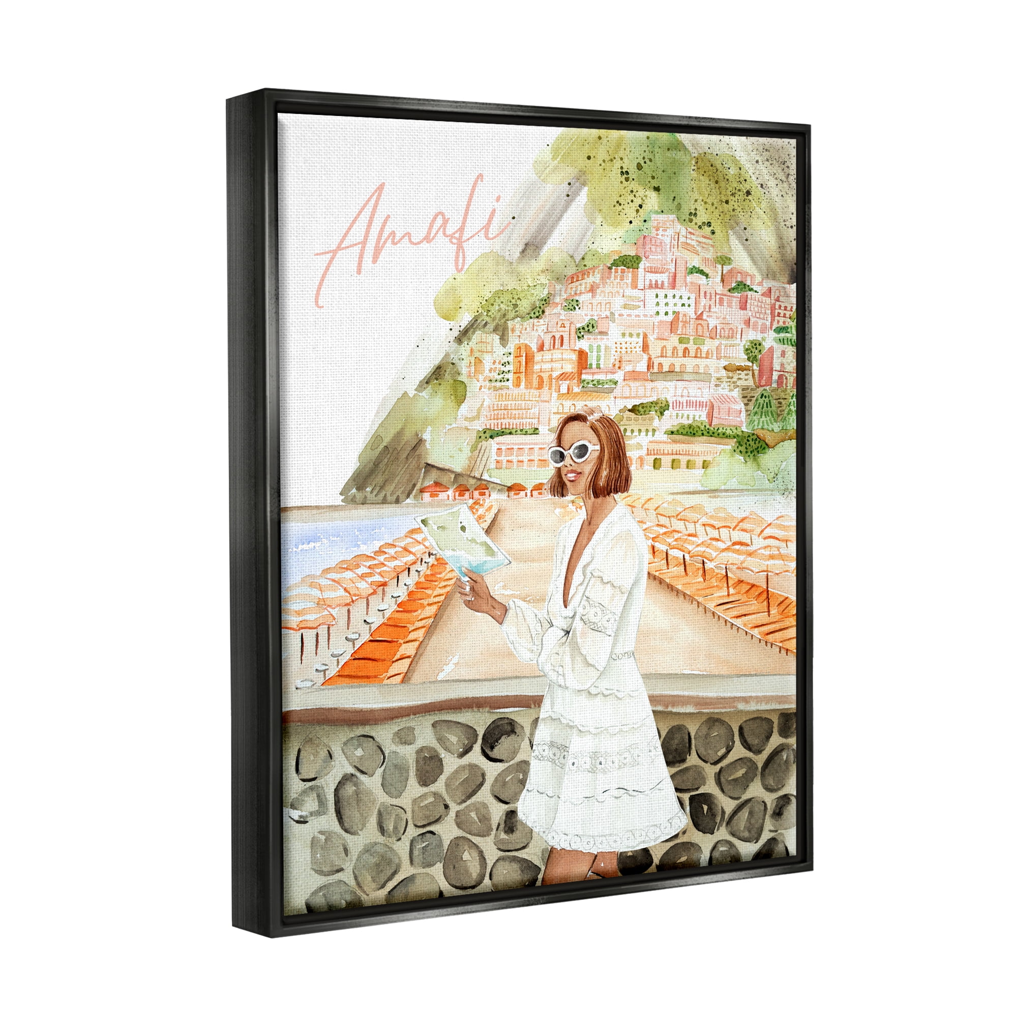 Stupell Industries Girl at Amalfi Coast Nature Painting Black Floater Framed Art Print Wall Art, 25 x 31