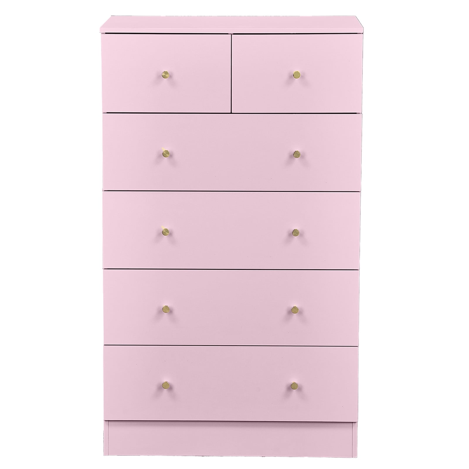 Macaroon 5 Drawer Cabinet, Matte Gold Handles Linen-Textured Particle Board Cabinet, Space-Saving Storage Organizer for Bedroom Home Office Living Area