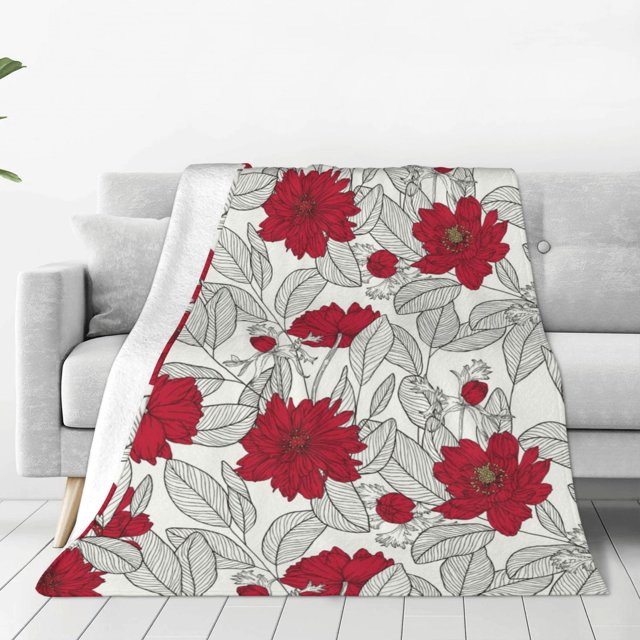 Fotbe Leaves And Anemone Flowers Manta de Franela Acolchonada con Estampado, Súper Suave y Esponjosa, Extra Grande para Sofá, Cama, Uso Todo el Año-80"x60"