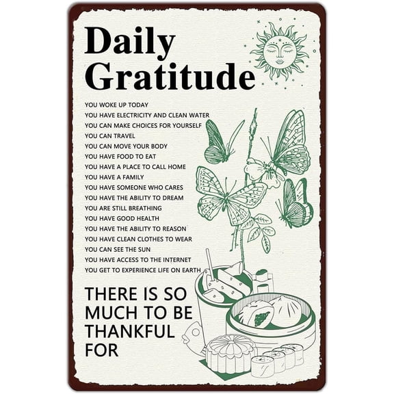 Room Aesthetic Decor Daily Gratitude Inspirational Metal Tin Sign, Green Boho Office Living Room Decor 8X12 Inch (901)