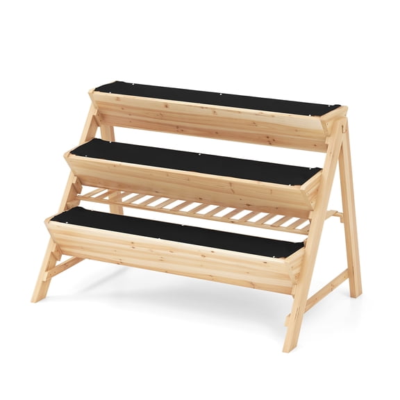 Patiojoy 3-Tier Raised Garden Bed Wooden Vertical Planter Box with Storage Shelf 2 Hanging Hooks & 3 Bed Liners
