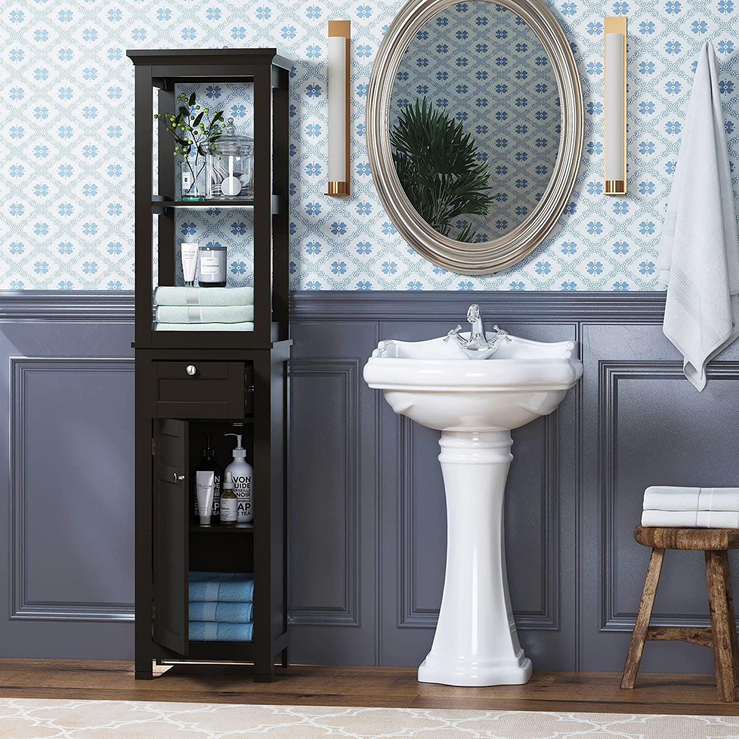 Spirich Home Bathroom Freestanding Storage Cabinet with Two Tier Open Shelves, Tall Slim Cabinet with Door and Drawer, Free Standing Linen Tower (Espresso with Drawer)