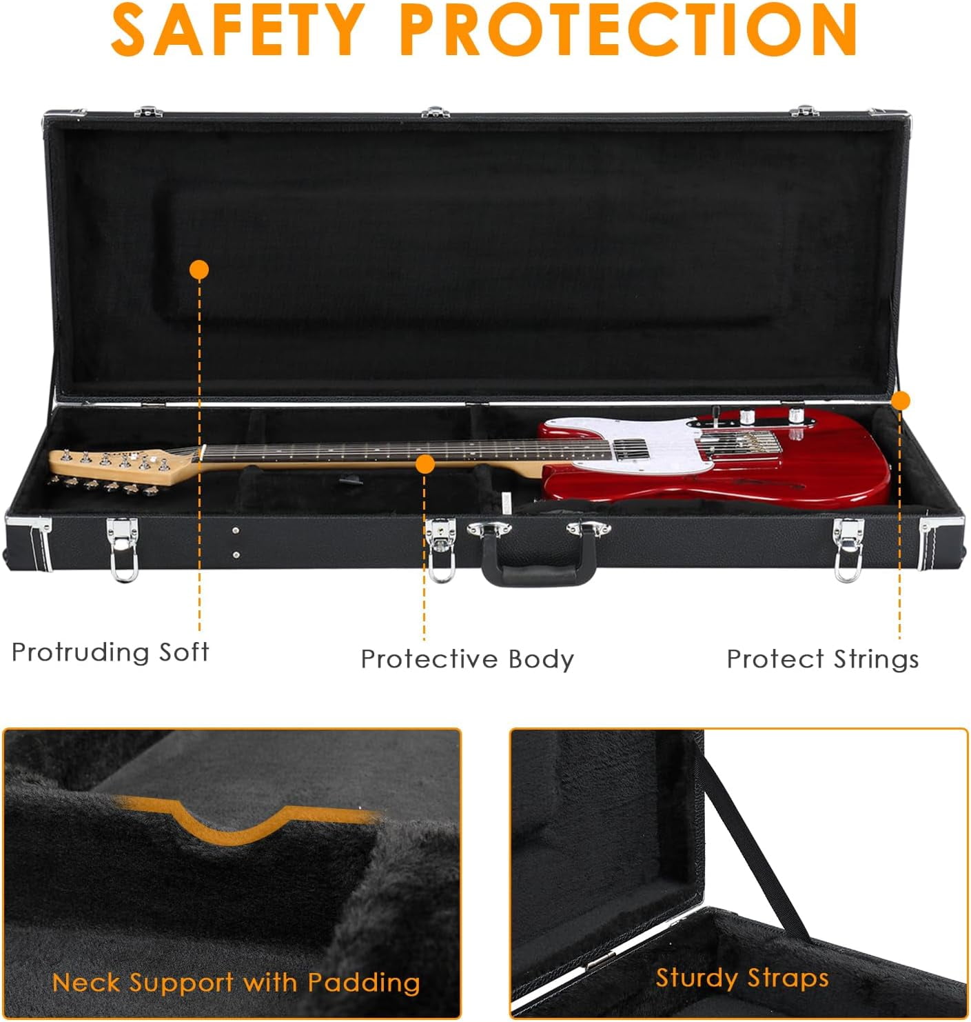 HarmonyStrings Guitar Hard Case, Rectangle Wooden Standard 39-Inch Electric Guitars Hard-Shell Protective Carrying Case for KST/KTL/170 Model with Lock Latch Padding Black