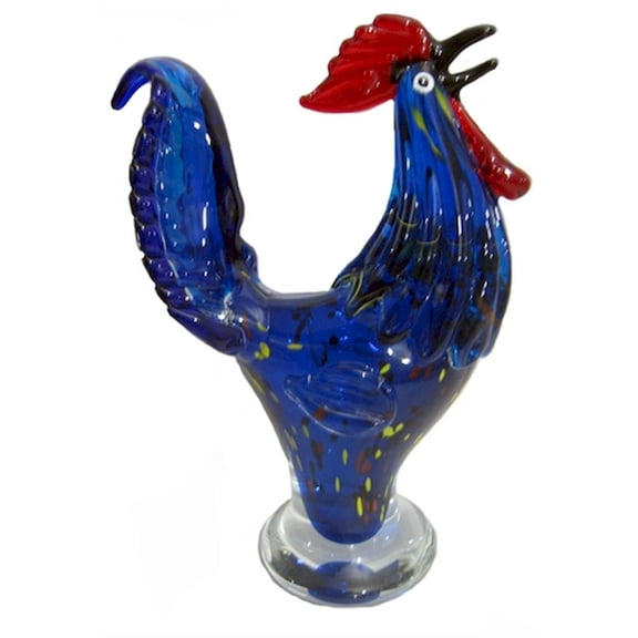 Blue With Red Comb Glass Rooster On A Clear Base Figurine