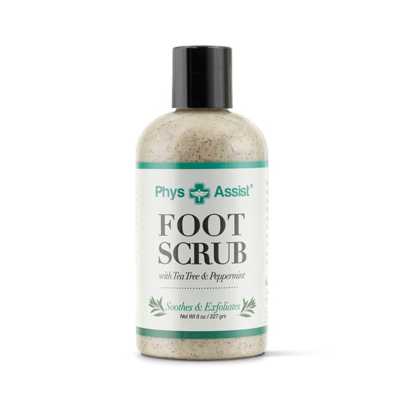 PhysAssist Foot Scrub 8 oz. with Tea Tree, Peppermint Soothes and Exfoliates Promoting a Deep Cooling Sensation Leaving Feet Feeling Calm and Refreshed.