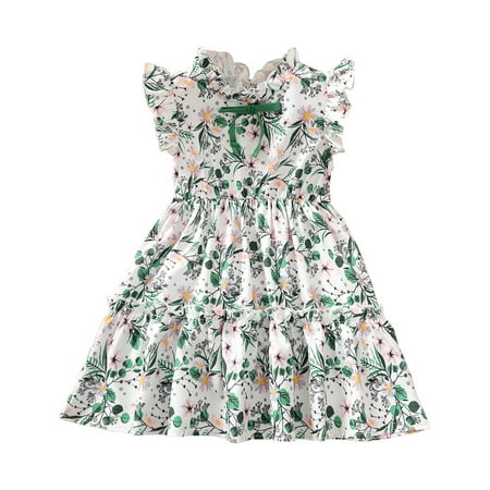 

3T Toddler Girls Dress Summer Dress Sleeveless Dress 4T Toddler Girl Fly Ruffled Sleeve Floral Dress White