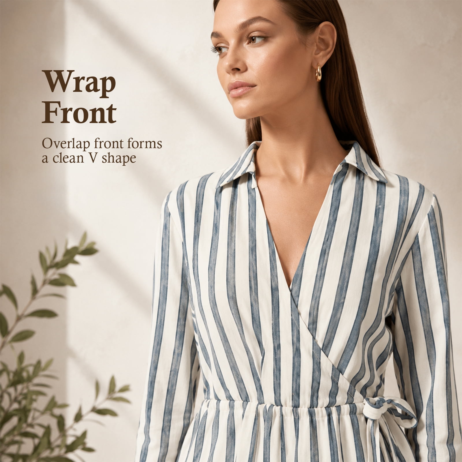 Alvantor Women's Striped Shirt Dress, Long Sleeve Collared Wrap Midi, Rayon Cotton Blend, White Blue Stripe