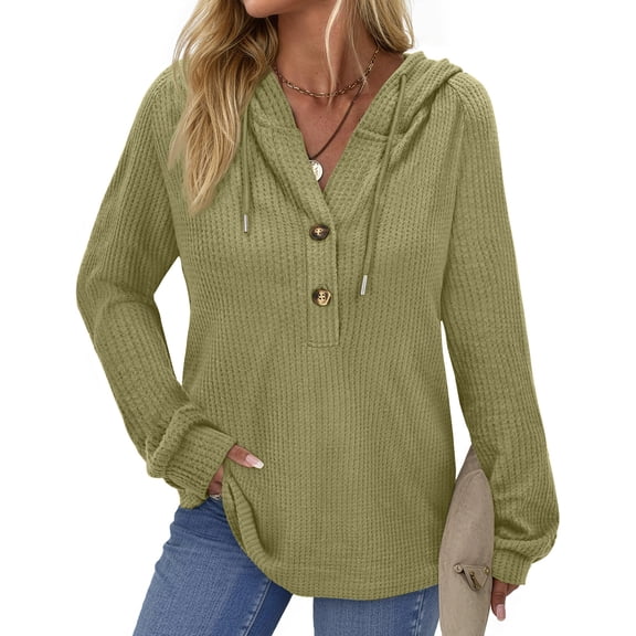 Fantaslook Hoodies for Women Waffle Knit Sweatshirts Drawstring Long Sleeve Tops Button V Neck Pullover