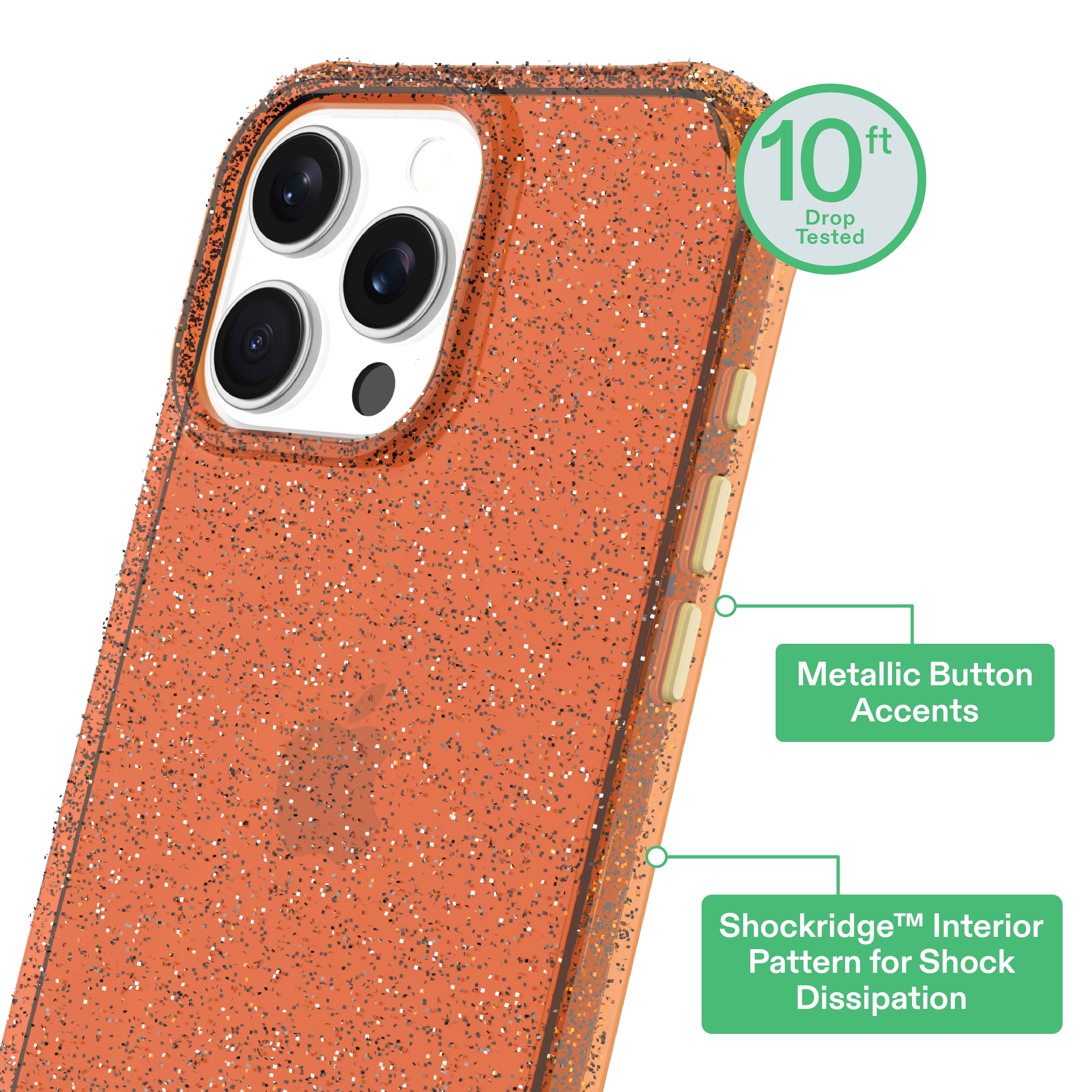 onn Sparkle Phone Case for iPhone 16 Pro Max - Orange with Gold Glitter