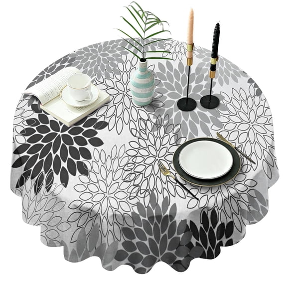 Black Floral and Petal Pattern Round Tablecloth 60"x60",Wrinkle Wipeable Table Cloth for Kitchen Dining Room Picnic Patio Party