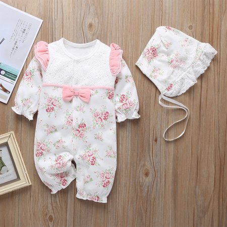 

Yubatuo Newborn Infant Baby Girls Floral Print Ruffles Lace Romper Jumpsuit+Hat Outfits White 50