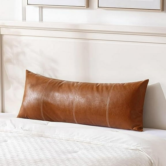wonima88 Brown Boho Long Lumbar Faux Leather Body Decorative Throw Pillow Cover 14x36 Inch for Bedroom Couch Bed Sofa Bench, Hand Stitched Stylish Pillowcase, Rustic Modern Farmhouse Room Decor