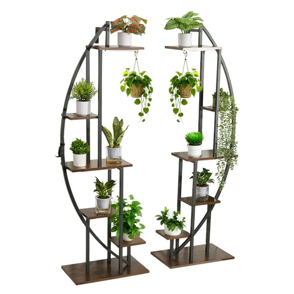 KFFKFF Indoor Plant Stand with Integrated Grow Lights, 63-Inch Tall 6-Tier Shelf, Set of 2 Metal Corner Holders, Adjustable Timer & Brightness, Half-Moon Design Display Rack for Home Spaces