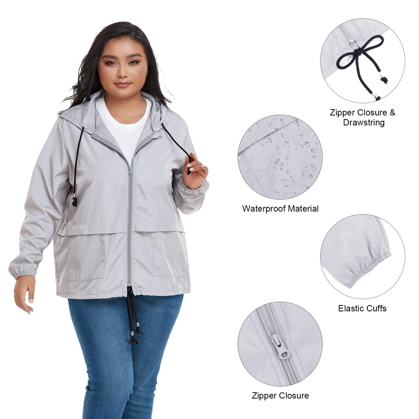 American Trends Plus Size Rain Jacket for Women Raincoat Waterproof with Hood Rain Coats for Women Lightweight Black 3XL