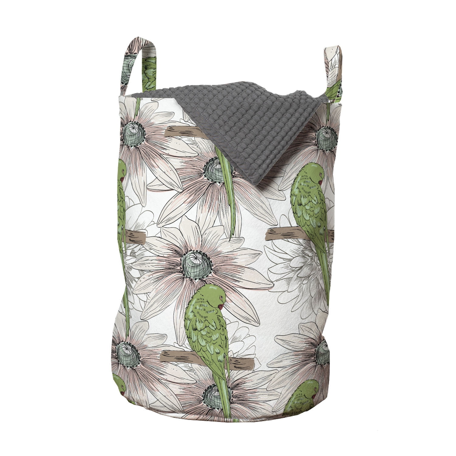 Bird Laundry Bag, Continuous Birds and Flower in Vintage Sketch Style