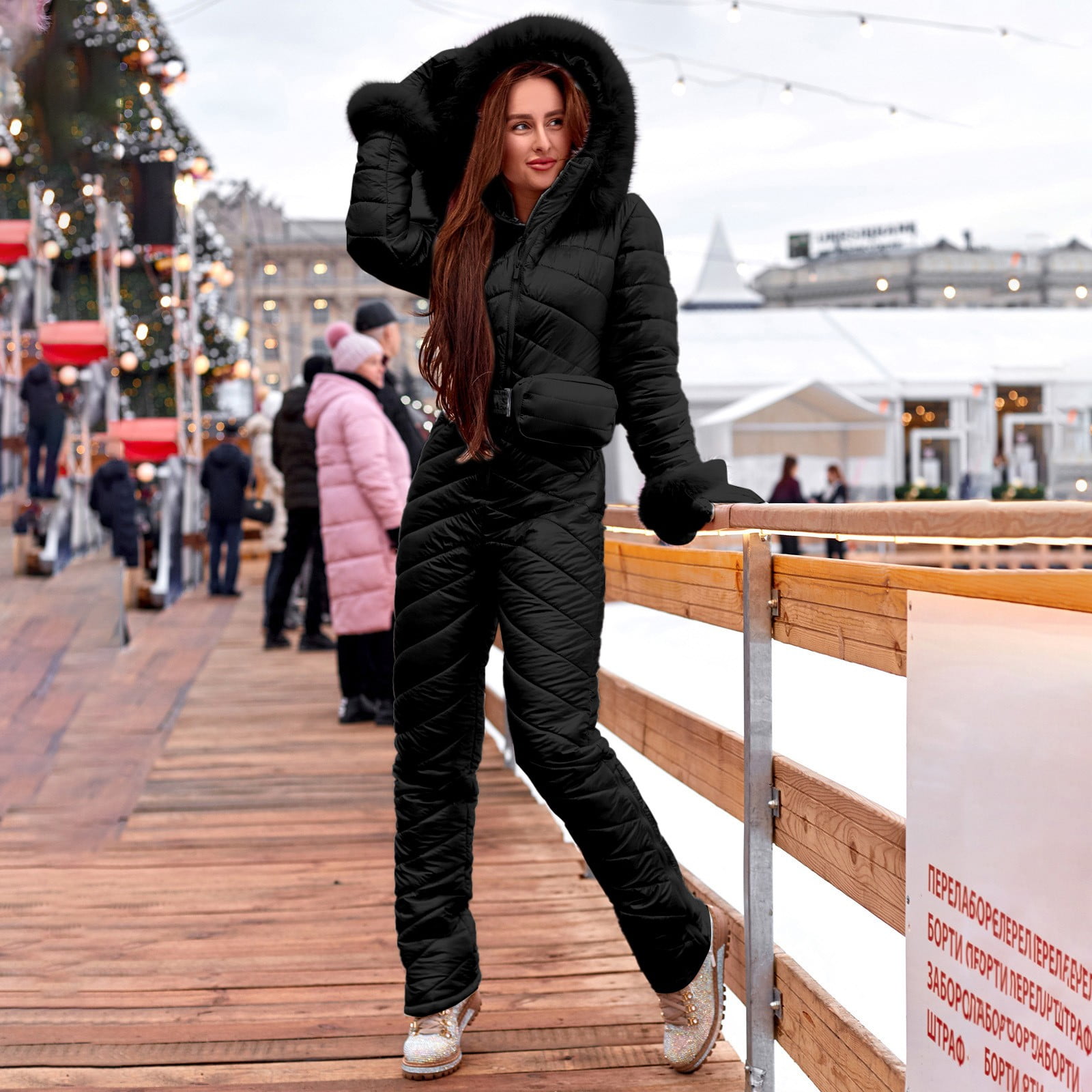 Women Ski Suit Jumpsuit for Winter Casual Thick Hot Snowboard Coat Zipper Outdoor Bodysuit Hoodie 