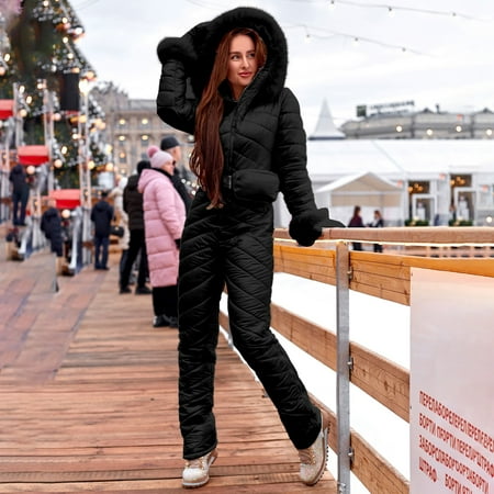 Baqcunre One Piece Jumpsuits For Women Women Snowboard Ski Suit Plush Collar Keep Warm Thicken Outdoor Sports Zipper Ski Suit Joggers Pants For Women Womens Pants Black S