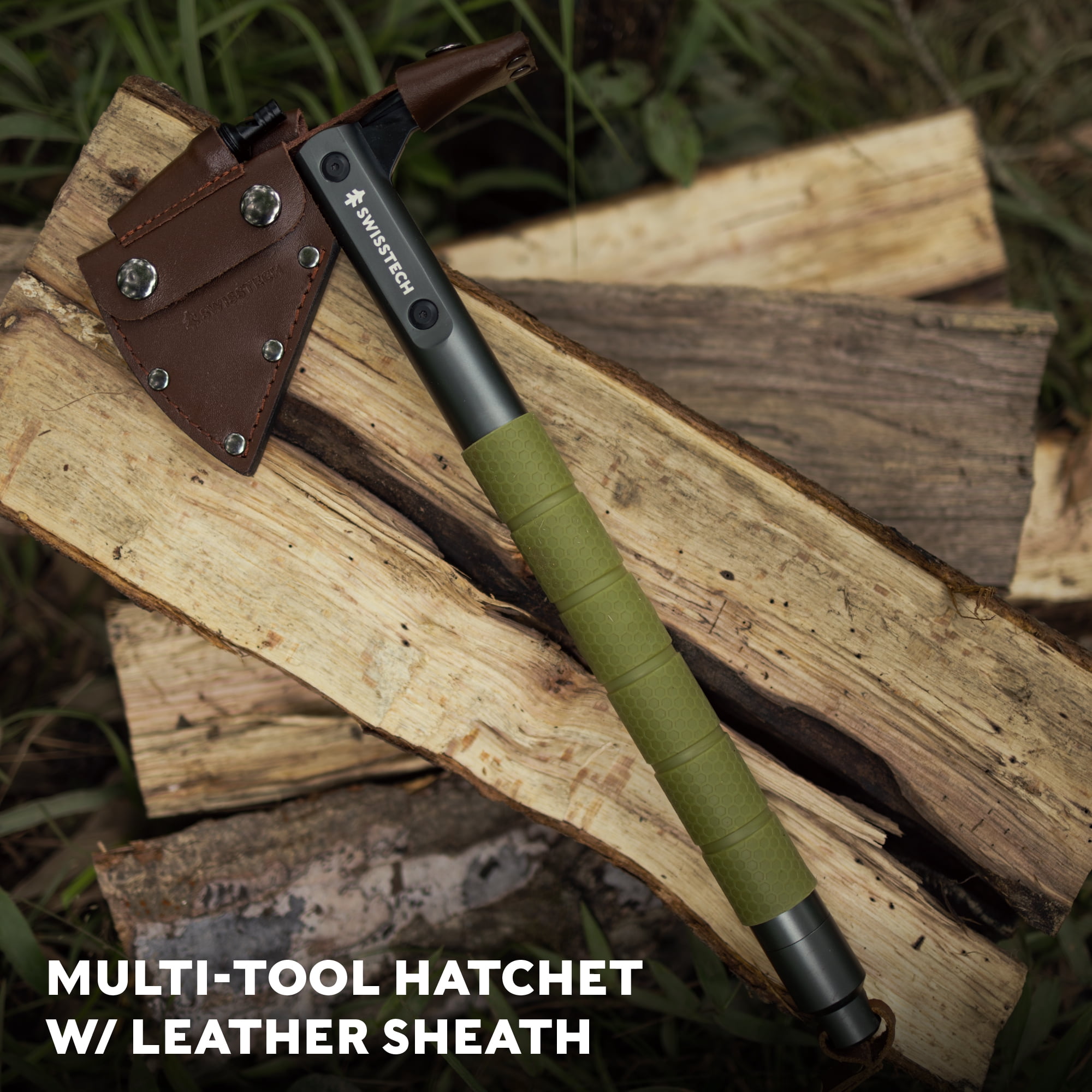 Swiss Tech Multi-Tool Hatchet with Pocket Knife, No-Slip Silicone Grip, Green, 1 Pack