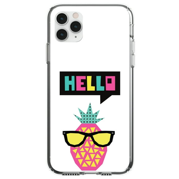 DistinctInk Clear Shockproof Hybrid Case for iPhone 11 Pro MAX (6.5" Screen) - TPU Bumper, Acrylic Back, Tempered Glass Screen Protector - Summer Graphics - Hello Cartoon Pineapple