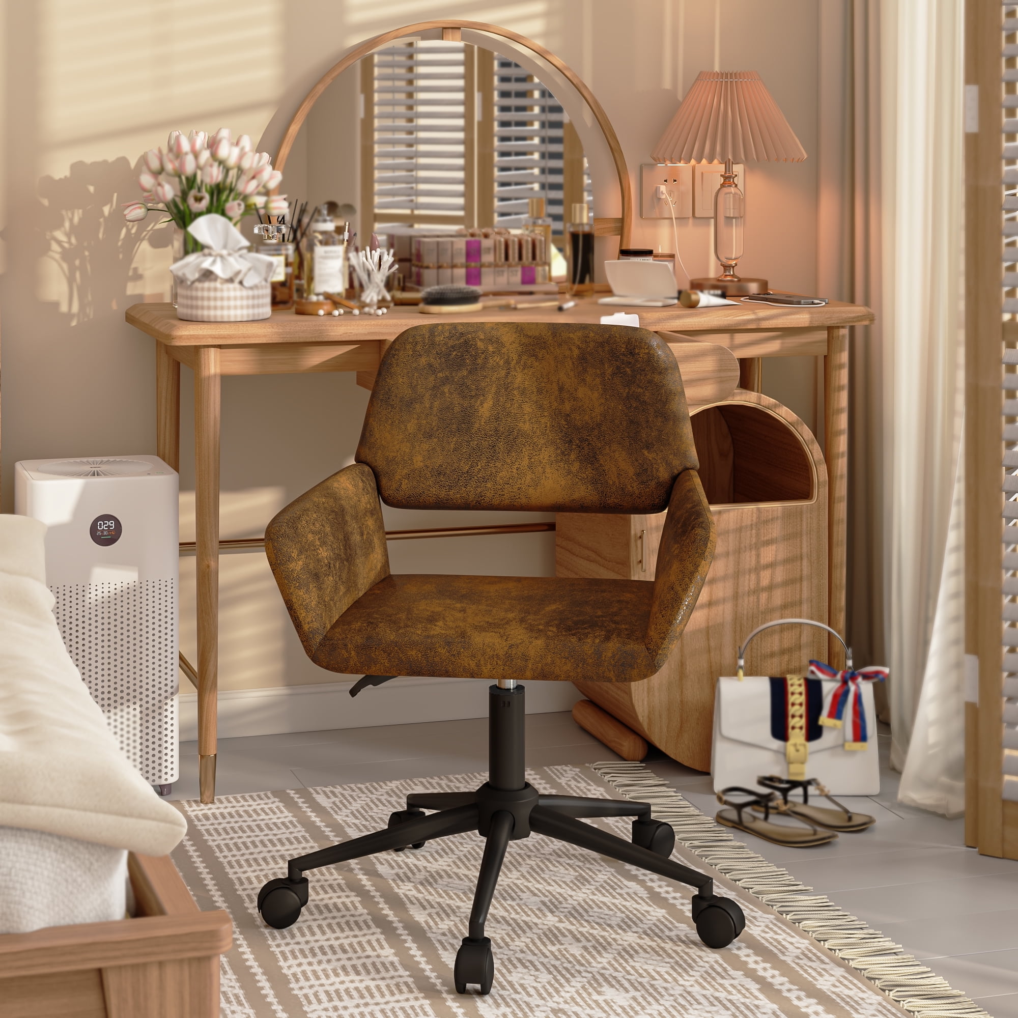 Homy Casa 1-Piece 29.9"-33.9" Adjustable Swivel Office Chair, Brown Faux Suede Desk Chair for Home Office