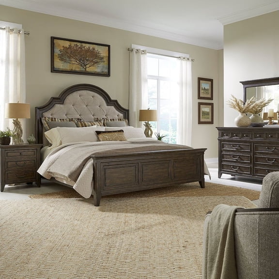 Liberty Furniture Industies, INC King Upholstered Bed, Dresser & Mirror, Night Stand - Saddle Brown