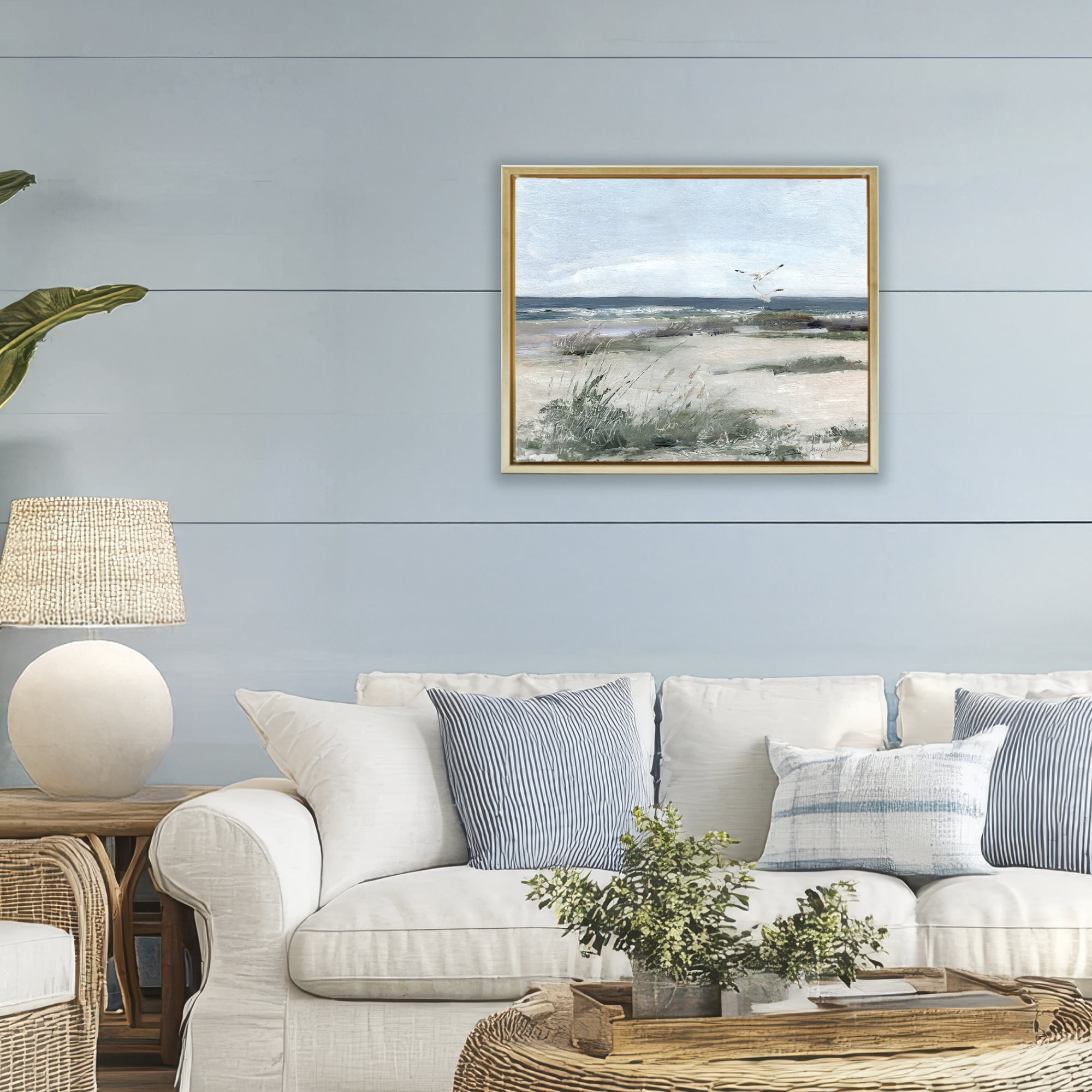 Stupell Industries Seagull Pair over Waves Gold Framed Floater Canvas Wall Art, design by Sally Swatland