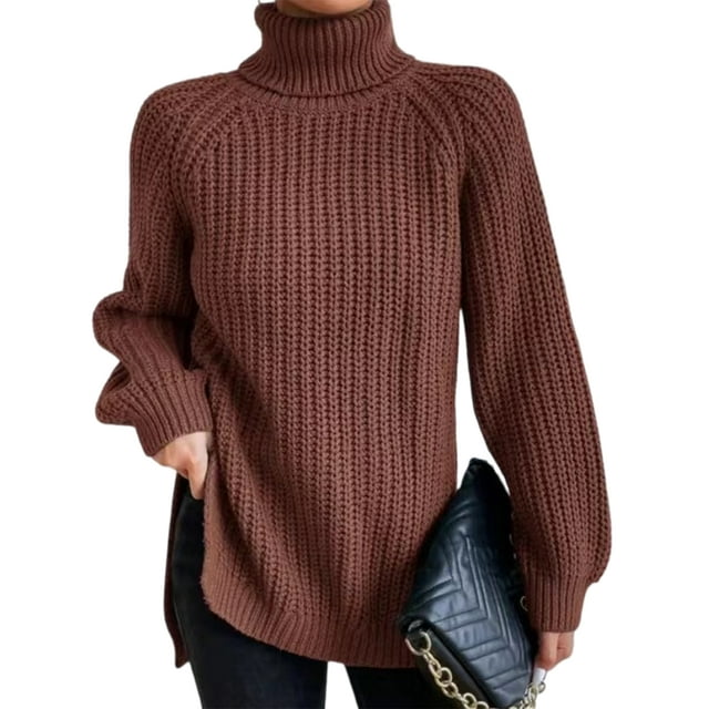 Innerwin Chandails à Col Roulé pour Femmes Chandail de Travail Manches Longues Ample Tricoté Marron TG
