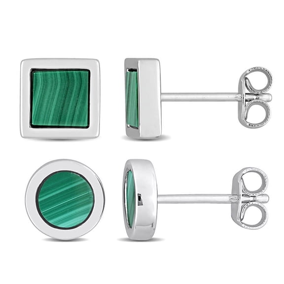 Amour Men's 2-Piece Set 1 5/8ct TGW Malachite Square and Round Stud Earrings in Sterling Silver