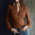 thumbnail image 2 of Womens Long Sleeve Shirts Faux Suede Vintage Casual Lapel Collar Button down Shirt Tops Trendy Clothes (S, Coffee), 2 of 7